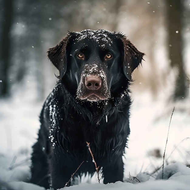 Retrato de um cão labrador retriever preto na neve