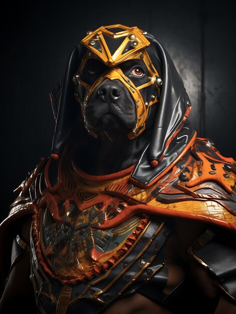 Retrato de um cão Rottweiler vestido como um lutador de Lucha Libre com uma máscara Tradicional do México