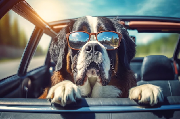 Retrato de um cão São Bernardo usando óculos escuros no banco de trás de um carro Viajando com animais