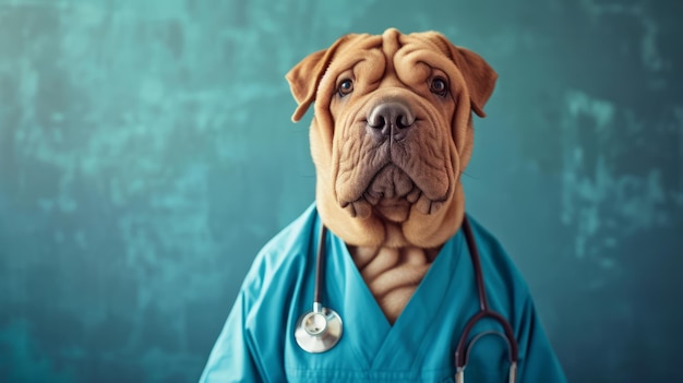 Retrato de um cão shar pei vestido com roupas médicas