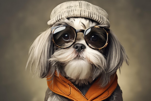 Retrato de um cão shih tzu bonito vestindo roupas humanas