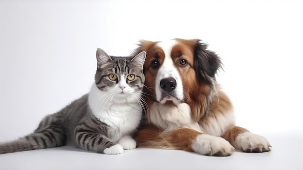 Retrato de um cão Spaniel russo e gato escocês Straight isolado no fundo branco