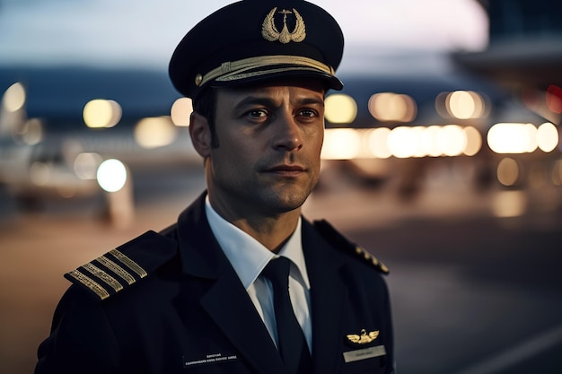 Retrato de um capitão piloto de avião no aeroporto no aeródromo generative ai