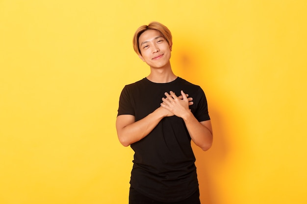 Retrato de um cara asiático bonito tocado de mãos dadas no coração e sorrindo lisonjeado