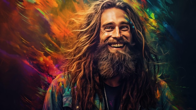 Foto retrato de um cara feliz sorrindo com cabelos longos e barba