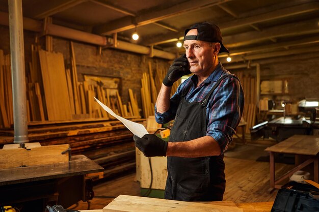 Retrato de um carpinteiro sênior olhando para planos de plantas e falando ao telefone com um cliente na oficina de carpintaria