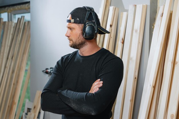 Retrato de um carpinteiro usando fones de ouvido de ruído Oficina de carpintaria para a produção de produtos de madeira