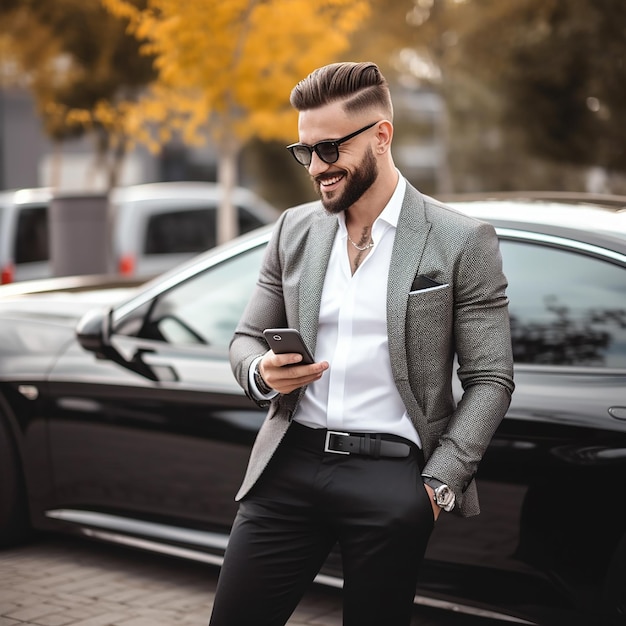 Retrato de um carro de luxo com um homem de negócios bonito e elegante