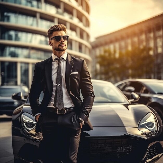 Retrato de um carro de luxo com um homem de negócios bonito e elegante