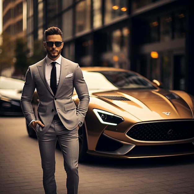 Retrato de um carro de luxo com um homem de negócios bonito e elegante