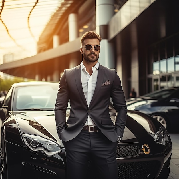 Retrato de um carro de luxo com um homem de negócios bonito e elegante