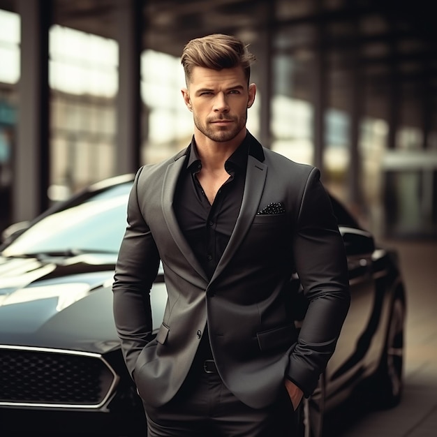 Retrato de um carro de luxo com um homem de negócios bonito e elegante