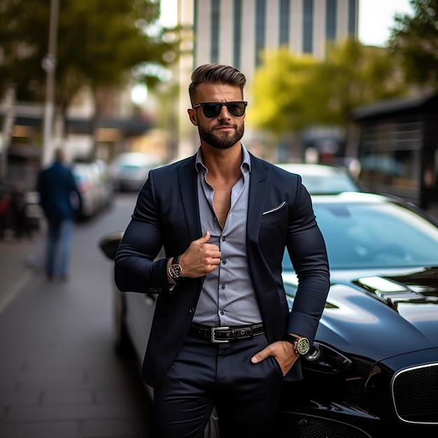 Retrato de um carro de luxo com um homem de negócios bonito e elegante