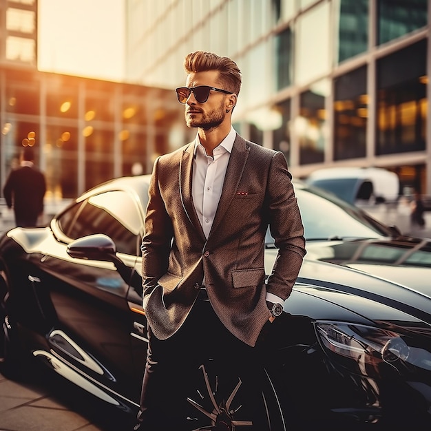 Retrato de um carro de luxo com um homem de negócios bonito e elegante