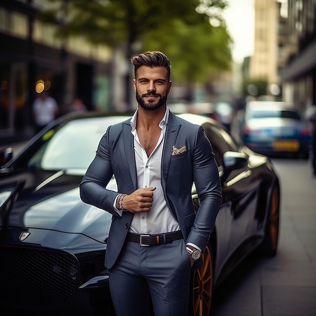 Retrato de um carro de luxo com um homem de negócios bonito e elegante