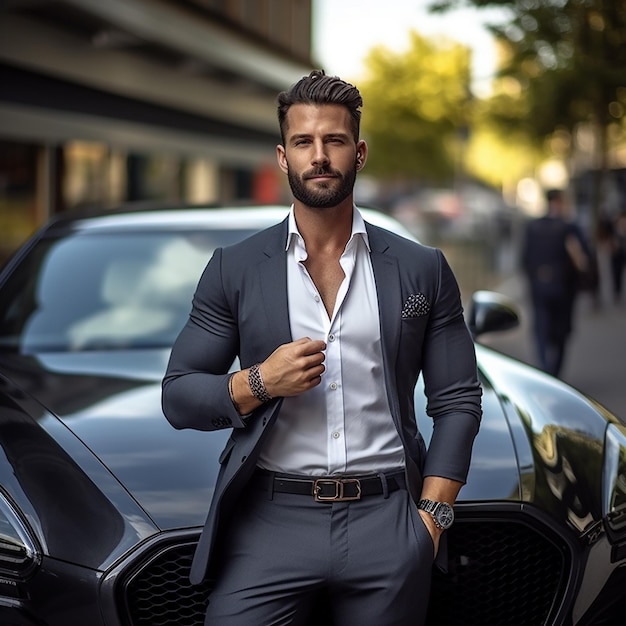 Retrato de um carro de luxo com um homem de negócios bonito e elegante