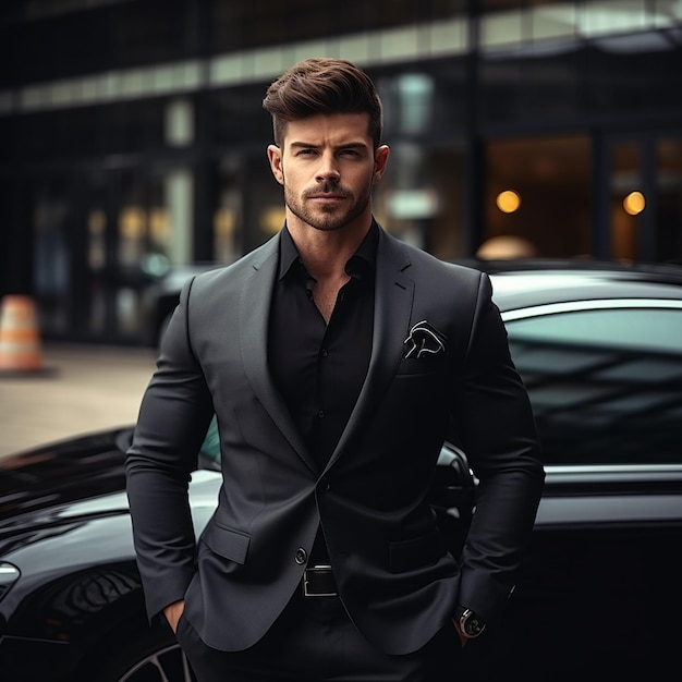 Retrato de um carro de luxo com um homem de negócios bonito e elegante