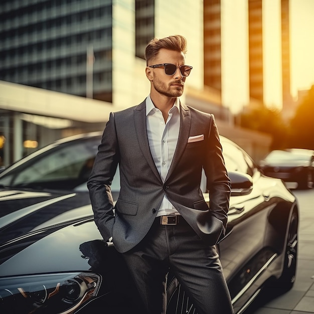 Retrato de um carro de luxo com um homem de negócios bonito e elegante