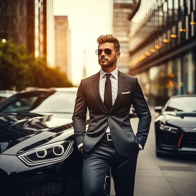 Retrato de um carro de luxo com um homem de negócios bonito e elegante