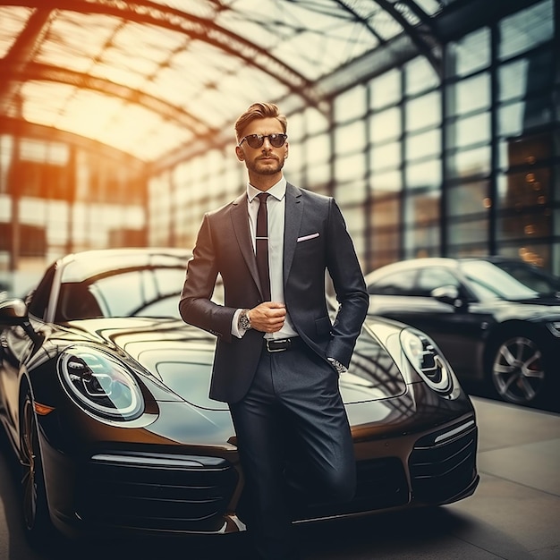 Retrato de um carro de luxo com um homem de negócios bonito e elegante