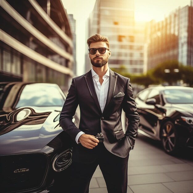 Foto retrato de um carro de luxo com um homem de negócios bonito e elegante