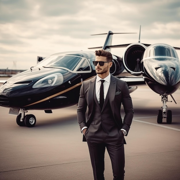 Retrato de um carro de luxo com um homem de negócios bonito e elegante