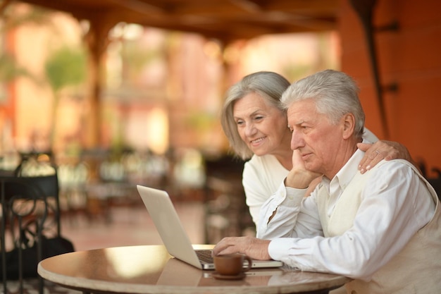Retrato de um casal de idosos com um laptop