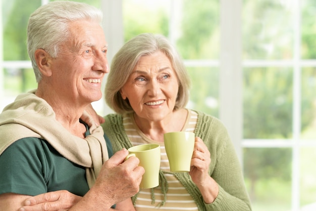 Retrato de um casal de idosos feliz bebendo chá