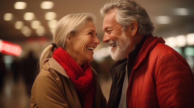 Retrato de um casal de idosos feliz em frente a um céu nublado IA geradora