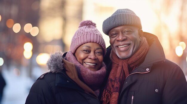 Retrato de um casal de idosos negros felizes contra um fundo de inverno com espaço para texto