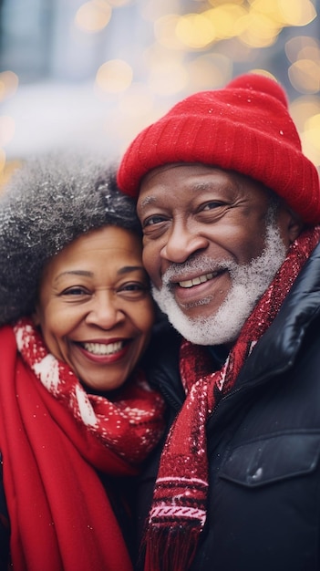 Retrato de um casal de idosos negros felizes contra um fundo de inverno com espaço para texto