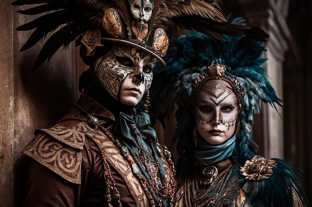 Retrato de um casal de mulheres e homens em fantasia tradicional de carnaval veneziano com máscara e ornamentos Generative ai