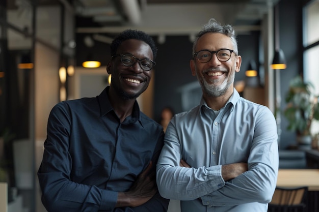 Retrato de um casal de negócios multiétnico feliz posando para a câmera