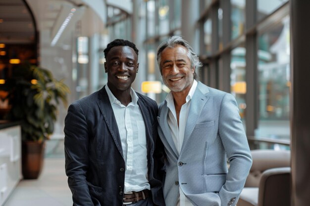 Retrato de um casal de negócios multiétnico feliz posando para a câmera