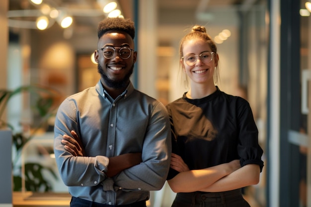 Foto retrato de um casal de negócios multiétnico feliz posando para a câmera