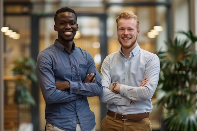 Retrato de um casal de negócios multiétnico feliz posando para a câmera