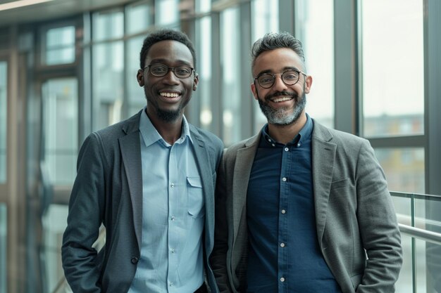 Retrato de um casal de negócios multiétnico feliz posando para a câmera