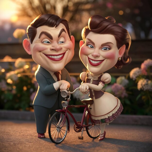 Foto retrato de um casal de travessura de pé com uma bicicleta a brincar