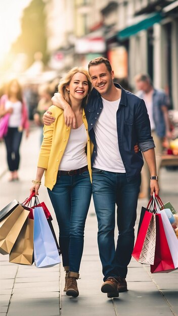 Retrato de um casal feliz com sacos de compras