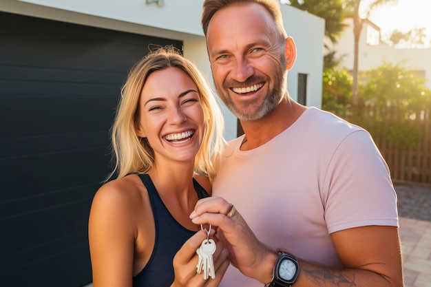 Retrato de um casal feliz de 45 anos de idade, inquilinos mostrando chaves da casa, comprando sua primeira casa compartilhada juntos. inquilinos sorridente, homens e mulheres se mudam para sua nova casa.