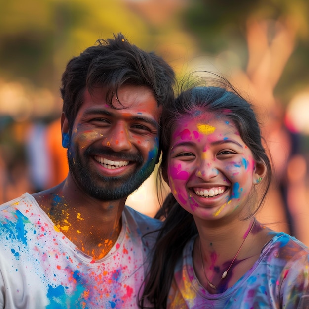 Retrato de um casal feliz de homem indiano e mulher chinesa no festival Holi, na Índia