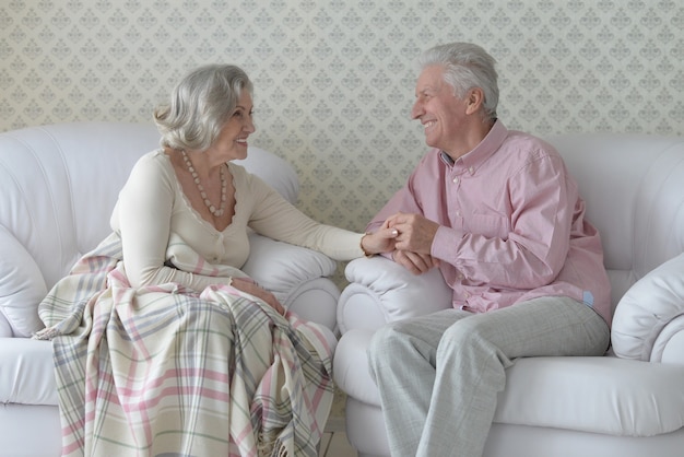 Retrato de um casal feliz de idosos descansando em casa