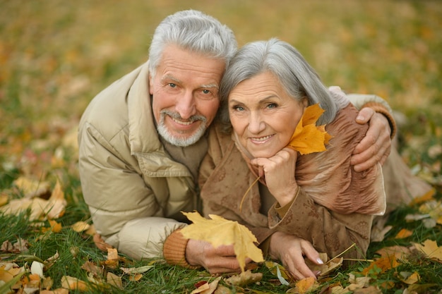 Retrato de um casal feliz de idosos no parque outono