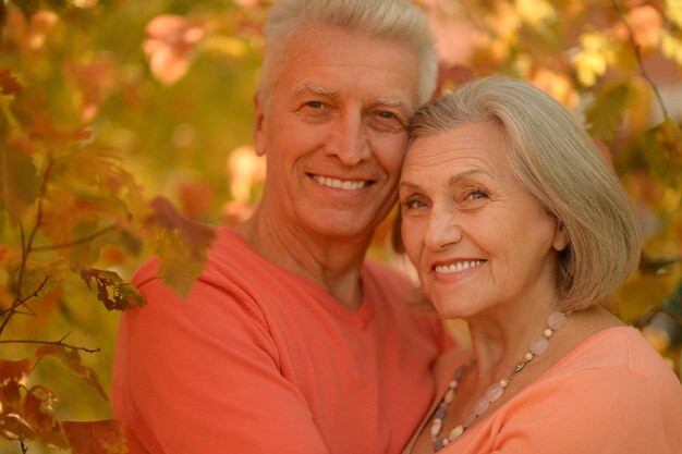 Retrato de um casal feliz de idosos no parque outono