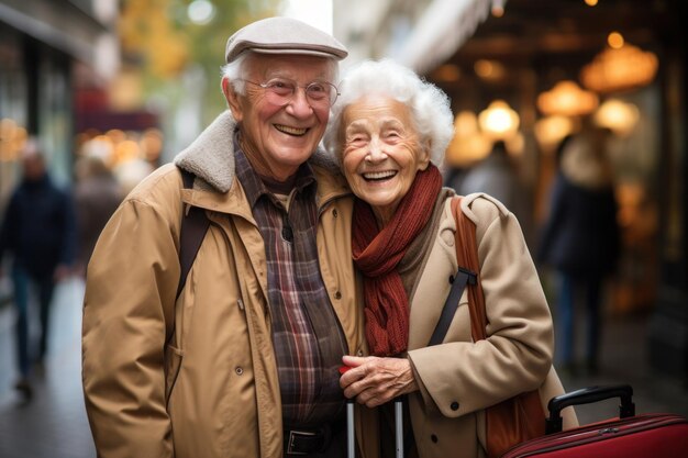 Retrato de um casal feliz de turistas idosos maduros