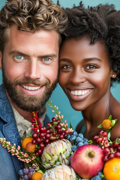 Foto retrato de um casal feliz e diversificado sorrindo com uma variedade de frutas e legumes frescos