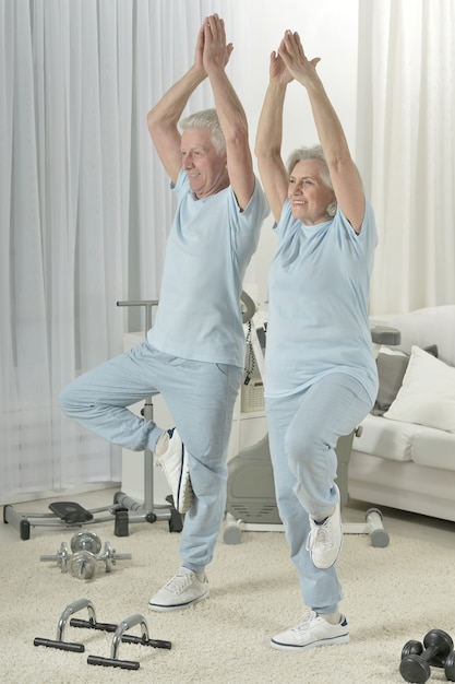 Retrato de um casal feliz e esportivo sênior se exercitando