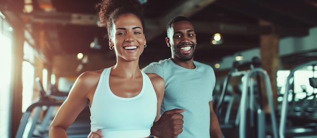 Retrato de um casal feliz fazendo ginástica em um centro de treinamento esportivo Imagem gerada por IA