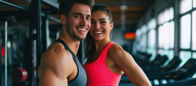 Foto retrato de um casal feliz fazendo ginástica em um centro de treinamento esportivo imagem gerada por ia