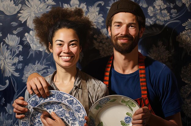 Foto retrato de um casal feliz segurando um prato com comida no estilo de índigo e bronze